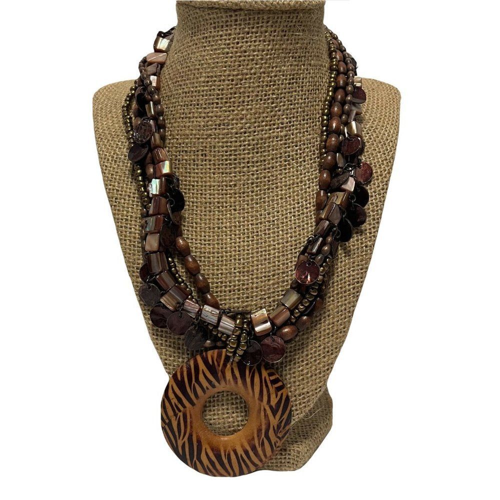 animal print wood pendant multi strand necklace brown 19-22” statement Boho